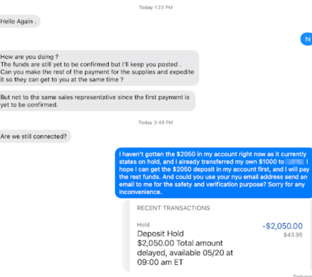 Text messages between student and scammer detailing request for additional monetary transfer