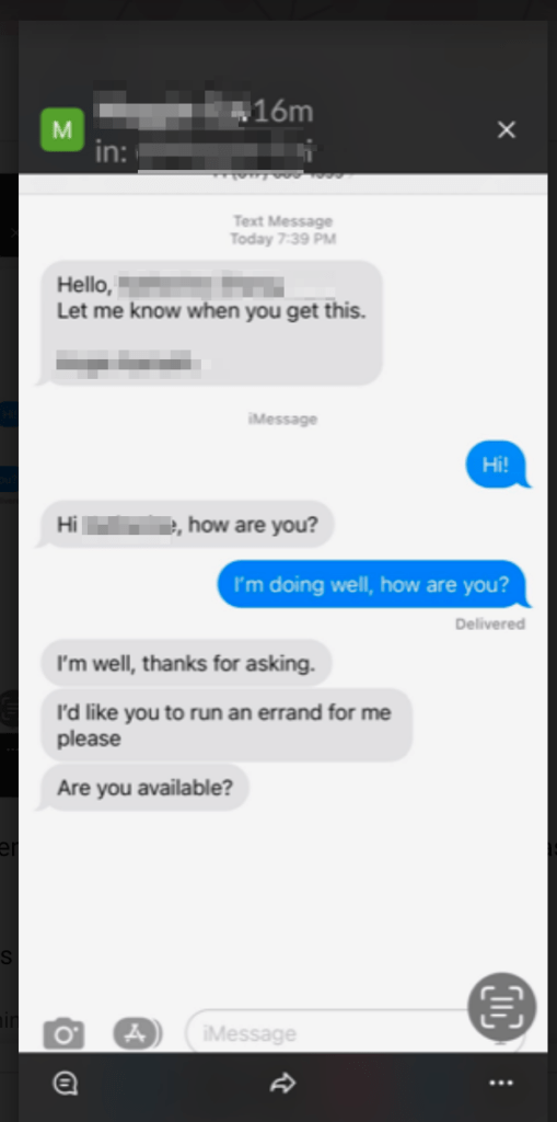 Image of SMS text message initiating contact