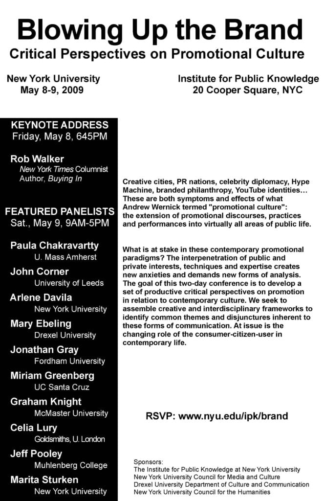 flyer for the May 2009 symposium Blowing Up the Brand: Critical Perspectives on Promotional Culture