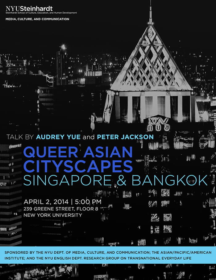 Flyer for an event in April 2014 called Queer Asian Cityscapes with Audrey Yue and Peter Jaclson.