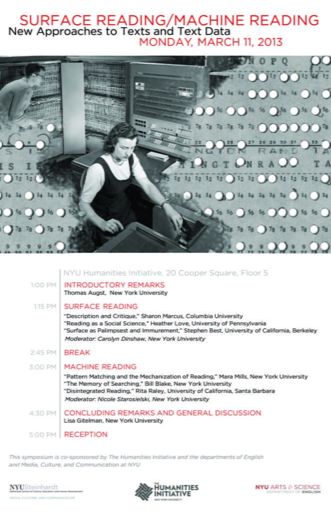 flyer for the March 2013 symposium Surface Reading/Machine Reading