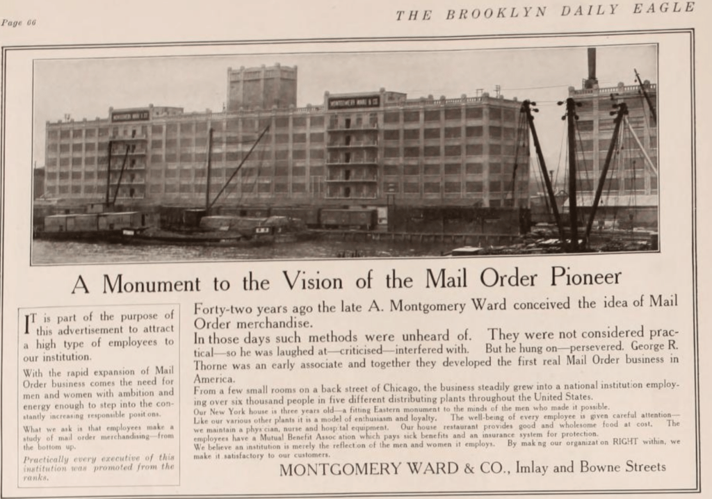  Advertisement for Montgomery Ward & Co. featuring Imlay Street building. Credit: Brooklyn Daily Eagle, 75th Anniversary Edition, 1916.