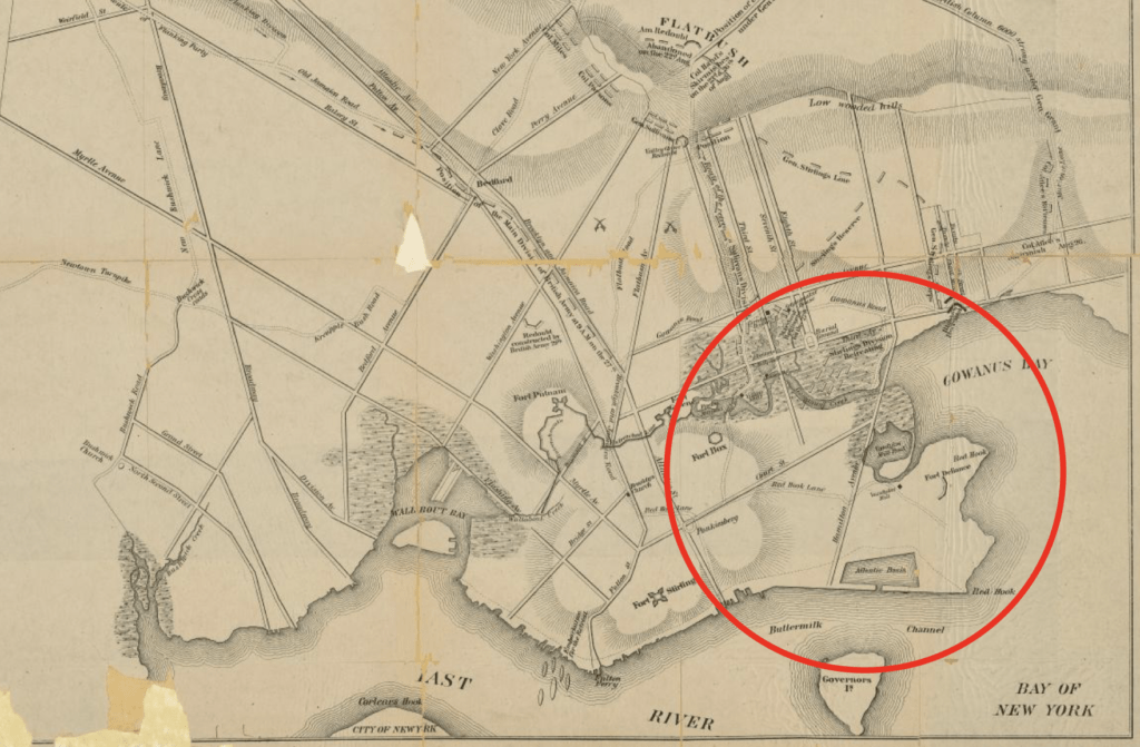 1776 map showing Red Hook, Atlantic Basin, and historic forts.