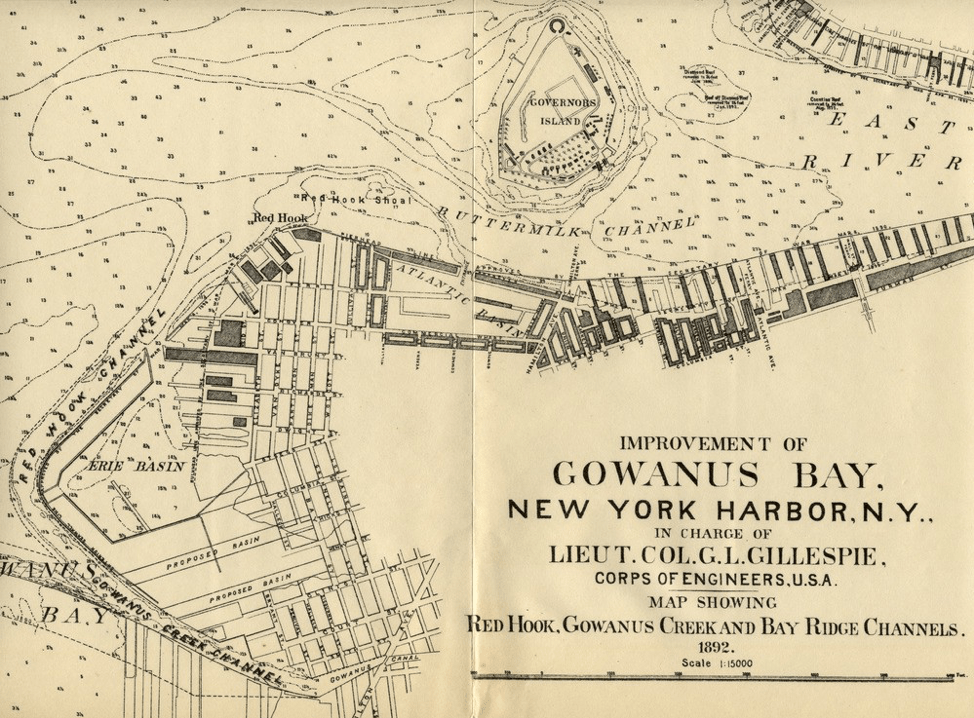 Corps of Engineers Gillespie map showing Erie Basin on the “Improvement of Gowanus Bay” map of 1892. Credit: G.L. Gillespie via PortSide