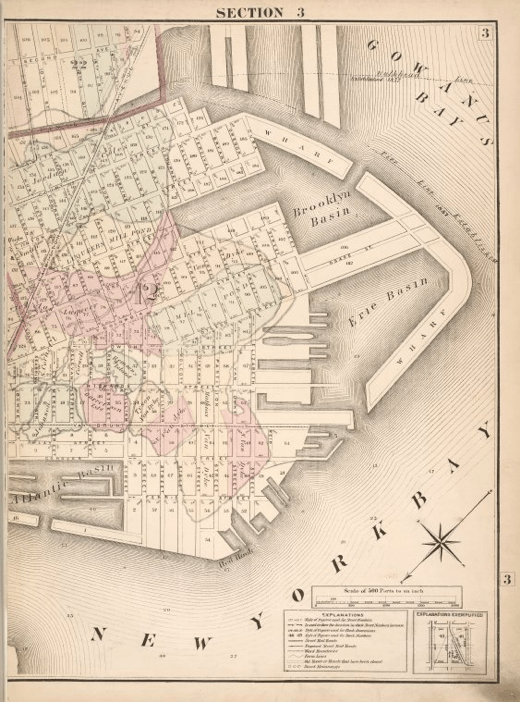 1874 map by J.B. Beers showing both Erie Basin and Brooklyn Basin in the Gowanus Bay. Brooklyn Basin was proposed but never built. Credit: Brooklyn Public Library, Center for Brooklyn History