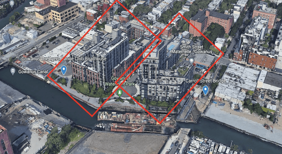 Aerial view of new luxury residential developments along Gowanus Canal that were completed before upzoning. Credit: Google Earth, modified by Louise Harpman