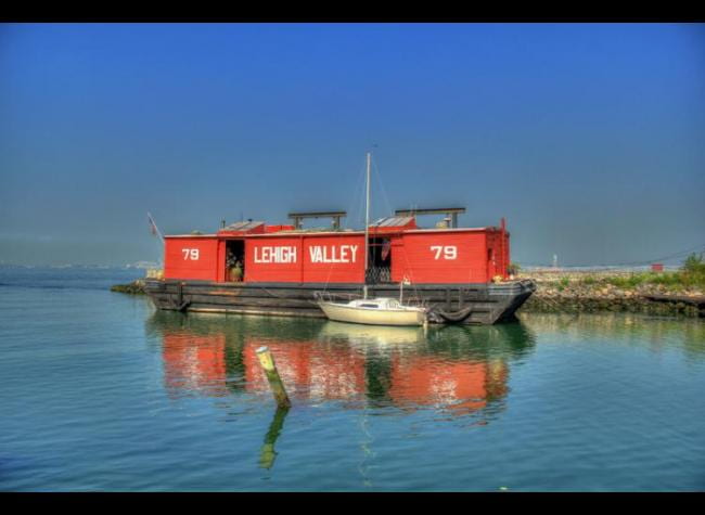 View of Lehigh Valley Railroad Barge No. 79 moored in Red Hook.