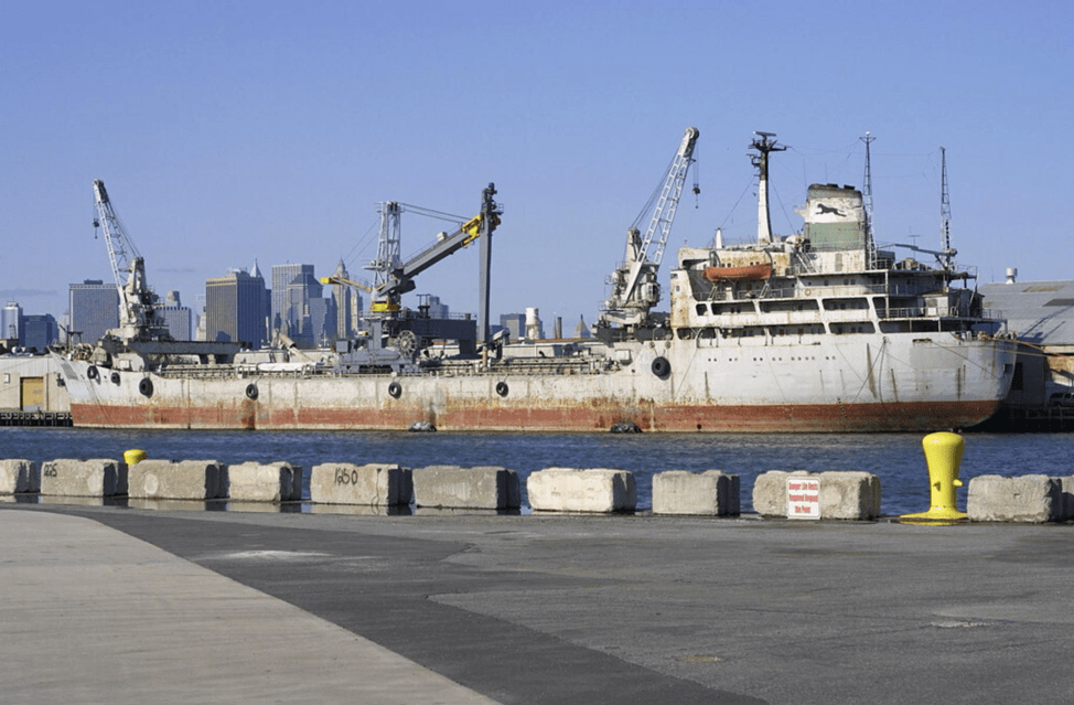 Exterior view of Panama Loujaine cement carrier, moored in Gowanus Bay. Credit: Hannah Frishberg