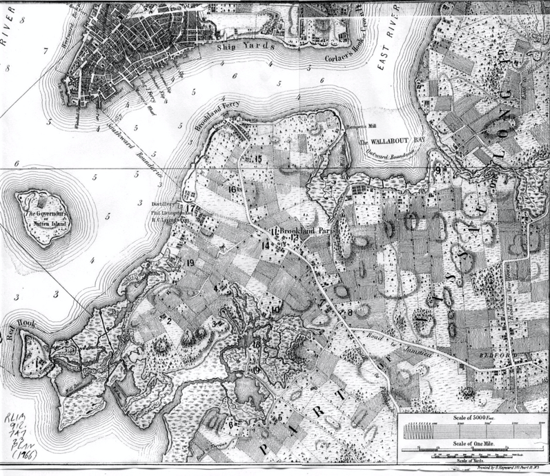 1766 map of Red Hook, Brooklyn, Governors Island, and lower Manhattan