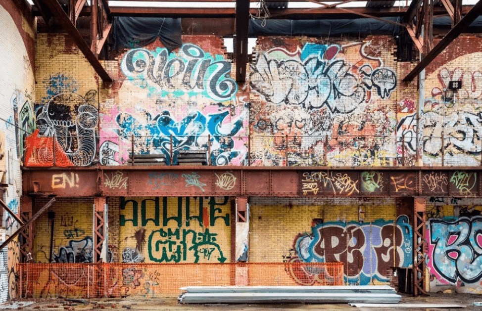 Interior view of graffiti inside Powerhouse Arts when it was known as Gowanus Batcave. Credit: Powerhouse Arts