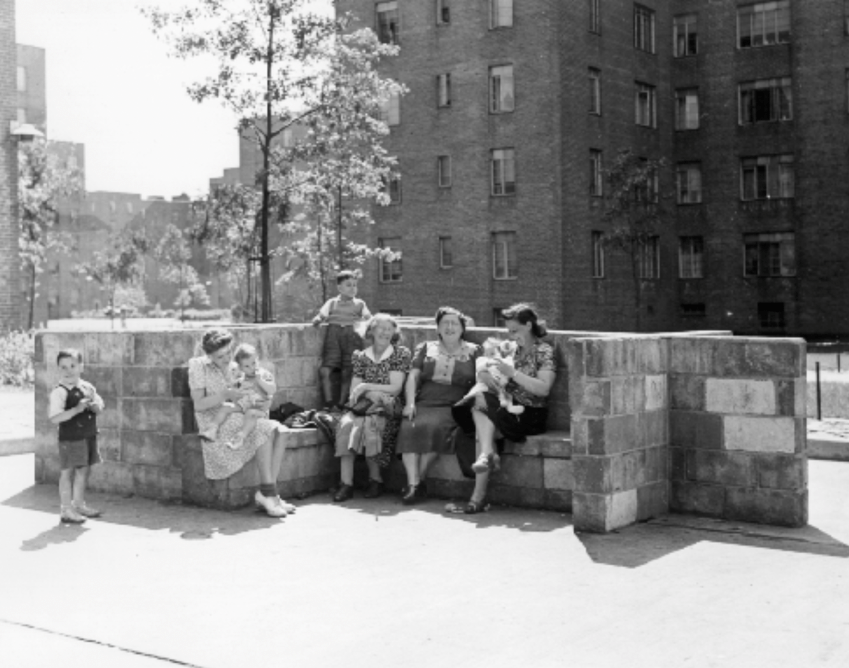 Woman and children sitting outside at Red Hook Houses soon after its completion, 1942. Credit: New York City Housing Authority Collection, LaGuardia & Wagner Archives