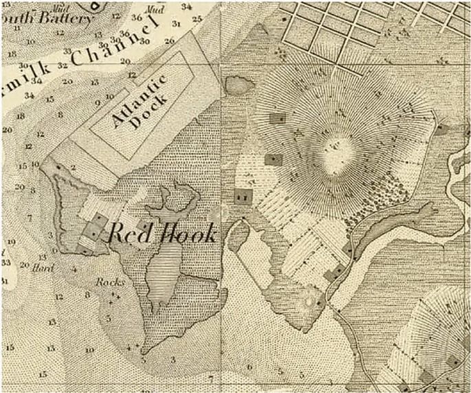 map of Red Hook showing location of Atlantic Dock in Buttermilk Channel