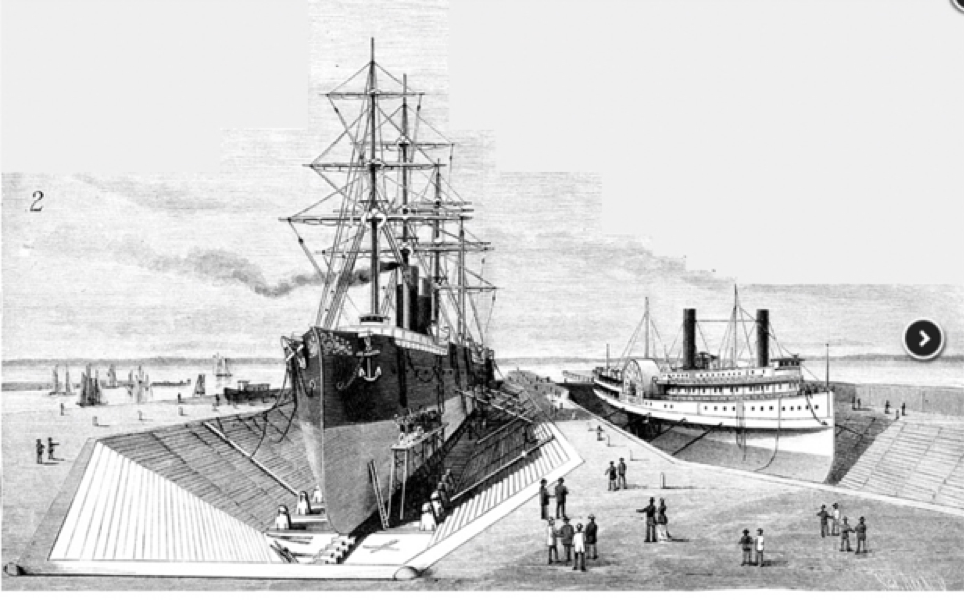 Graving Docks No. 1 and No. 2 at Erie Basin as illustrated in Scientific American, 1883. Credit: Scientific American (January 13, 1883) via PortSide and Red Hook WaterStories