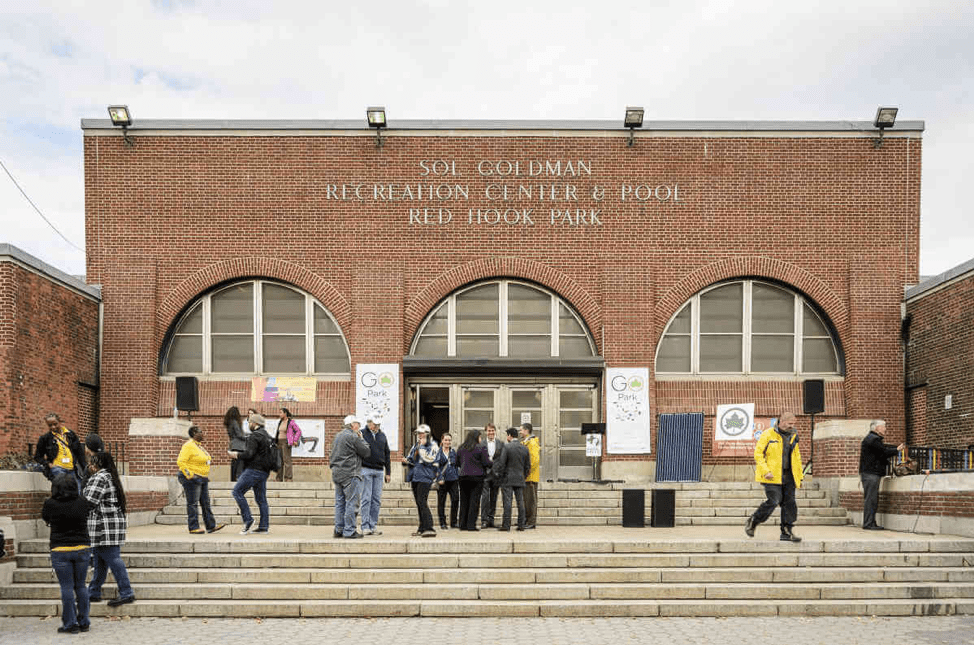 View of primary entrance to Sol Goldman Recreation Center & Pool. Credit: Stefano Giovannini via Brooklyn Paper