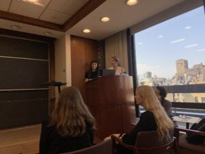 Photos of three student presenting in an NYU classroom in front of a wooden podium.