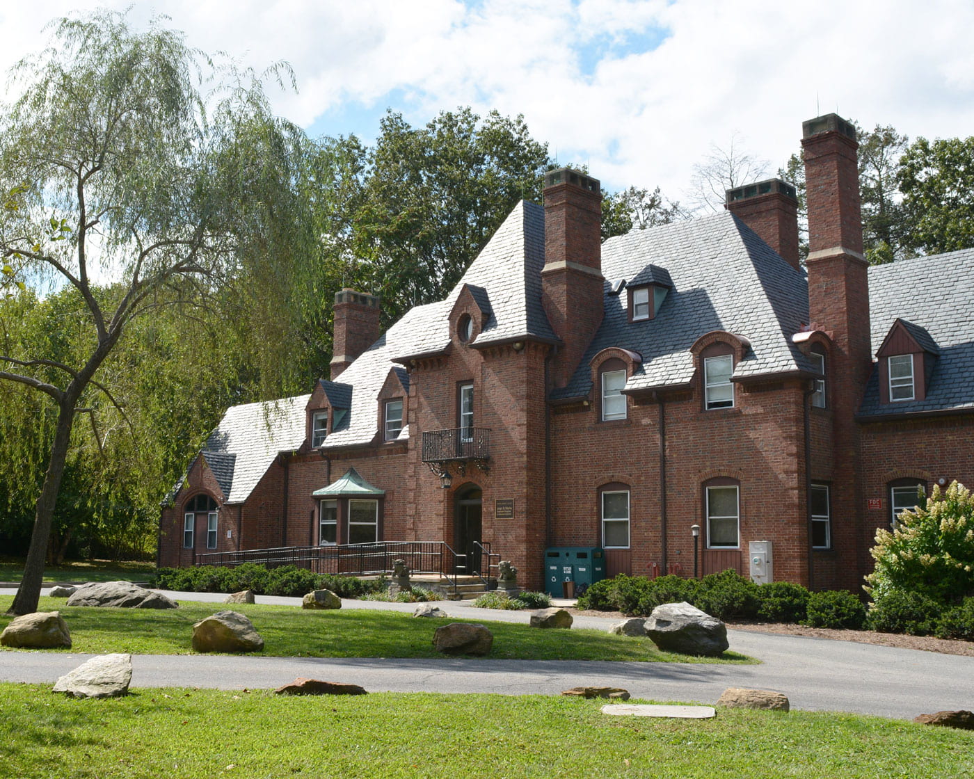 View of the Wrexham building on the Sarah Lawrence College campus surrounded by trees