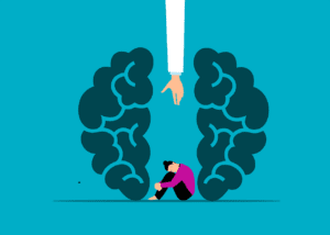 Illustration of a hand reaching to a person in despair through a brain drawing