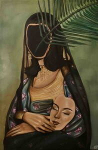 Painting of a woman in traditional garb holding her face as a mask.