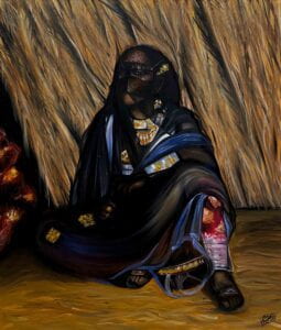 Painting of a woman in traditional garb seated