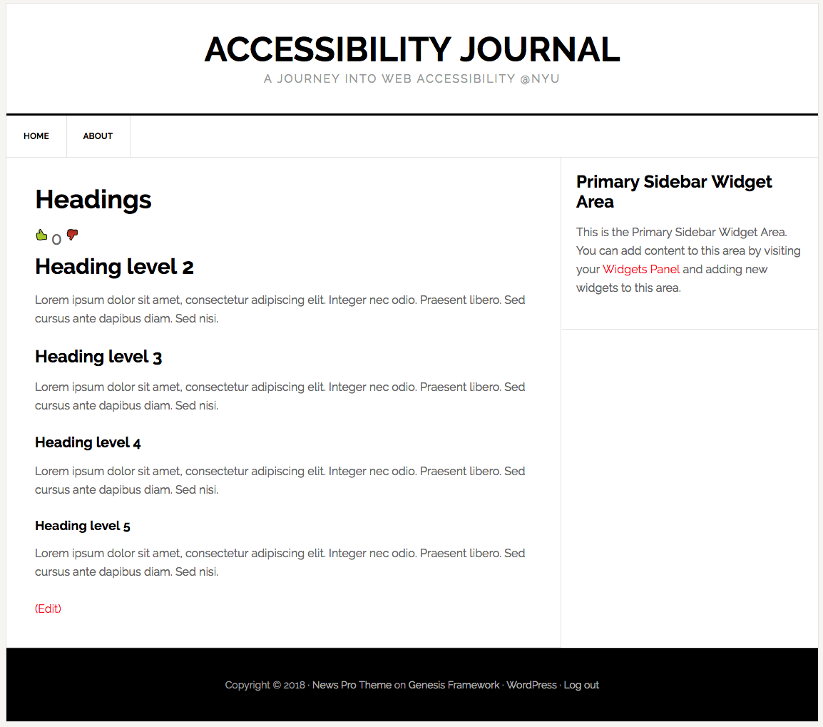 "Accessibility Journal with headings sequentially ordered 1, 2, 3, 4, 5"