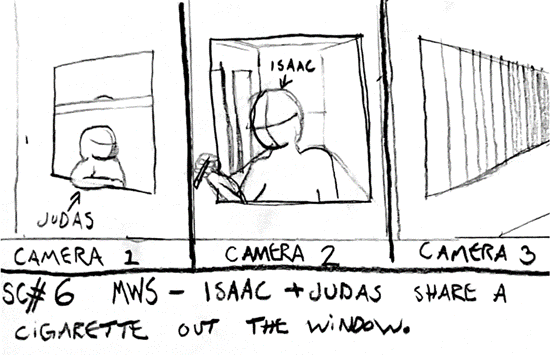 A scanned storyboard sketch from Nico’s notebook.