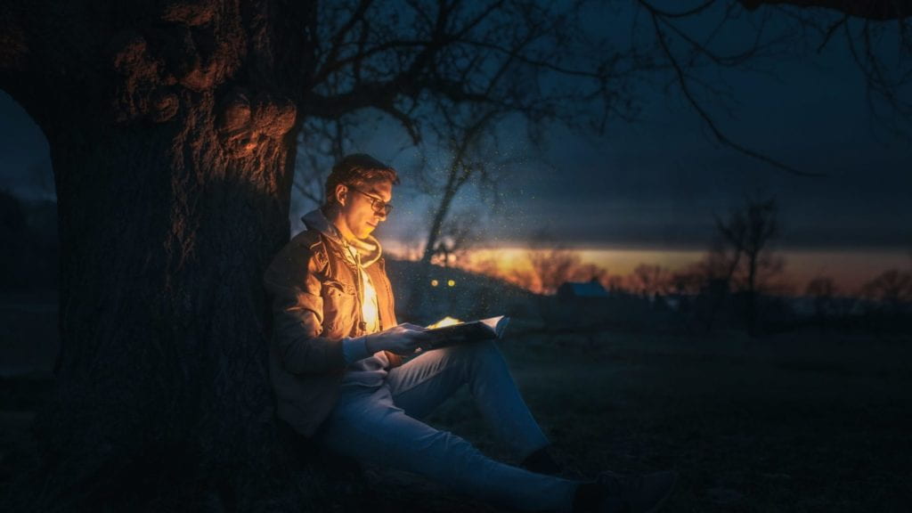 Person reading a book at night under a tree