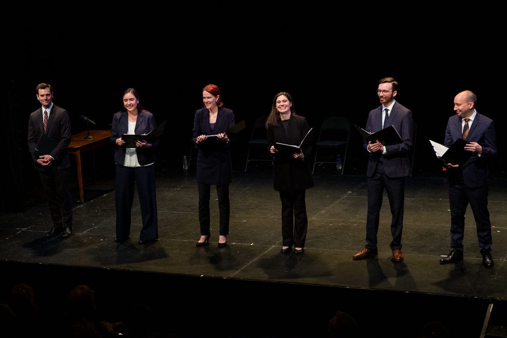 Actors on stage performing The Kavanaugh Files at Geva Theatre Center.