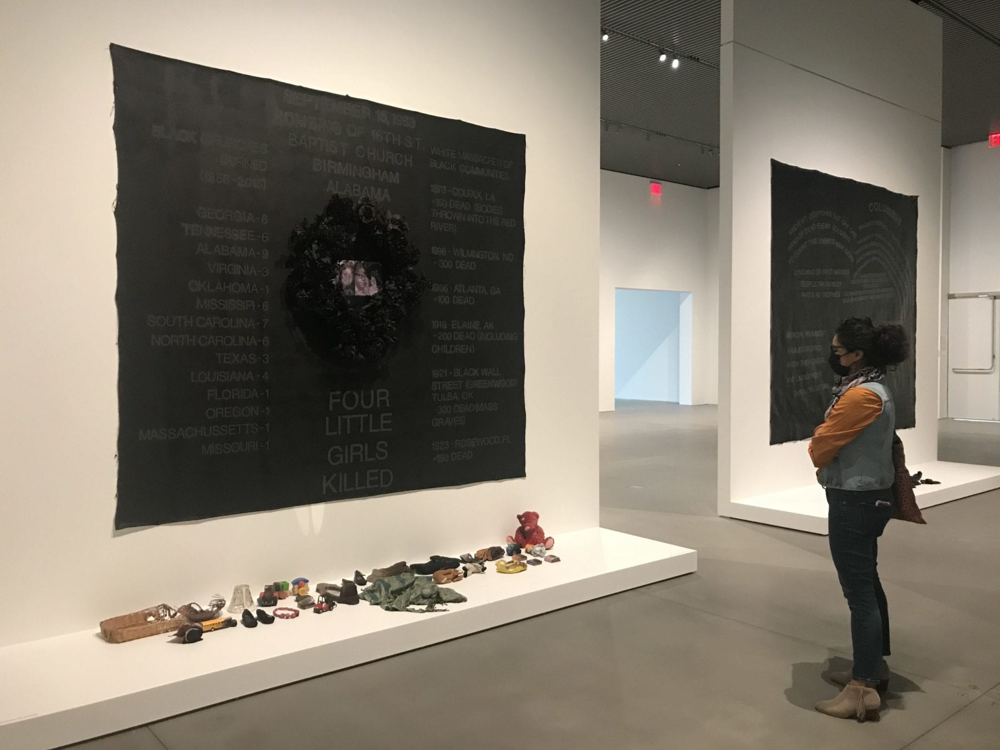 Student looking at Installation artwork by Howardena Pindell exhibition, Rope/Fire/Water at The Shed