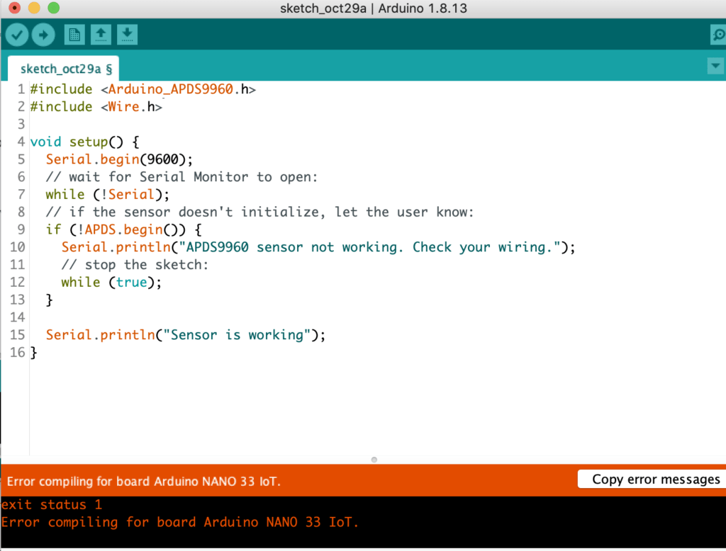 i2c error Arduino screenshot