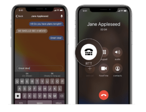 Two IPhone screens with the call using RTT feature and a chat
