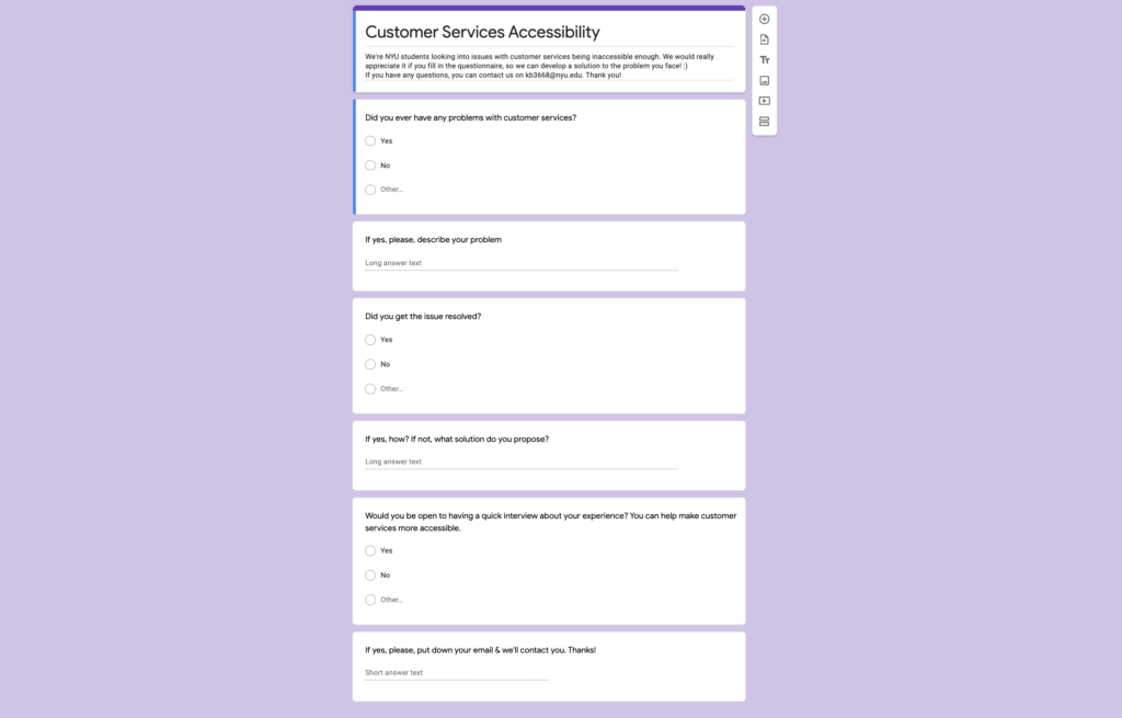 Google form with the questions on Customer Services Accessiblity