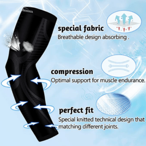 Black compression sleeve with special knitting techniques, including breathability and absorption, compression and support, as well as knitting to match different joints.