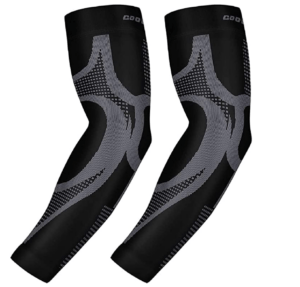 Black compression sleeve with grey knitted patters, following the form of the arm.