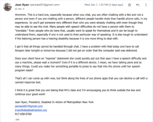 Email from Jean Ryan, President, Disabled In Action of Metropolitan New York