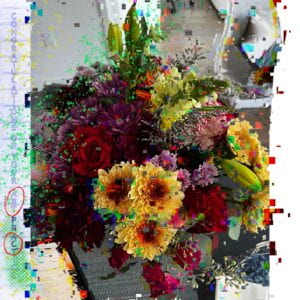 A pixelated bouquet with "congratulations on your art practice" on the left