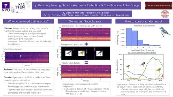 Elizabeth Mendoza's poster for NEMISIG 2019. Synthesizing Training Data for Automatic Detection and Classification of Bird Songs