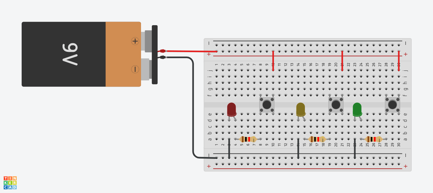 circuit with 3 buttons and 3 LEDs