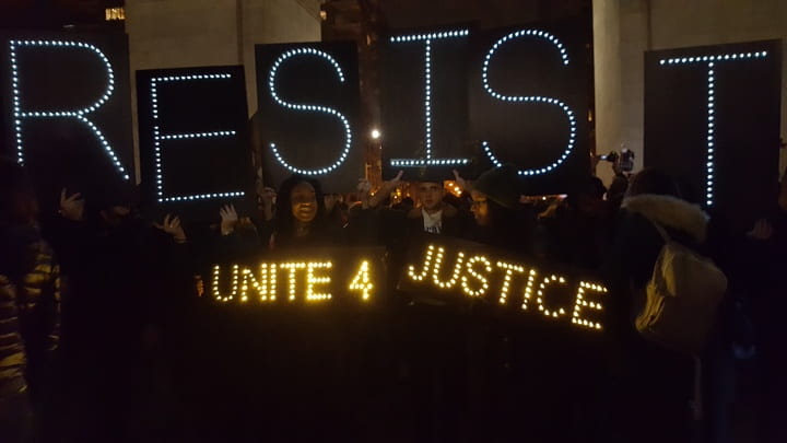 At the Emergency Rally for Muslim and Immigrant Rights at Washington Square Park in New York City on January 25, 2017 (photograph by Diamond Naga Siu for the Washington Square News)