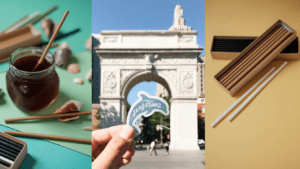 Paper straw in a beverage glass, the Washington Square Park Arch, and a box of paper straws