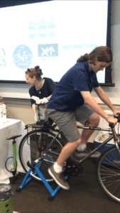 NYU student biking to generate power for a smoothie 