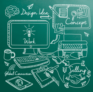 drawing different ideas on a chalkboard