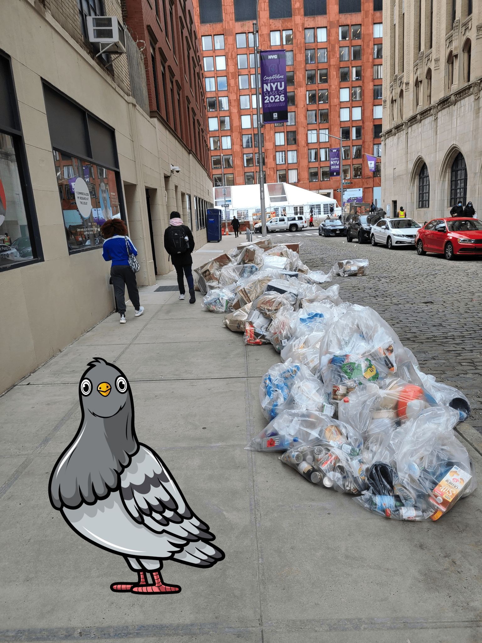 trash bags piled up outside of an NYU building