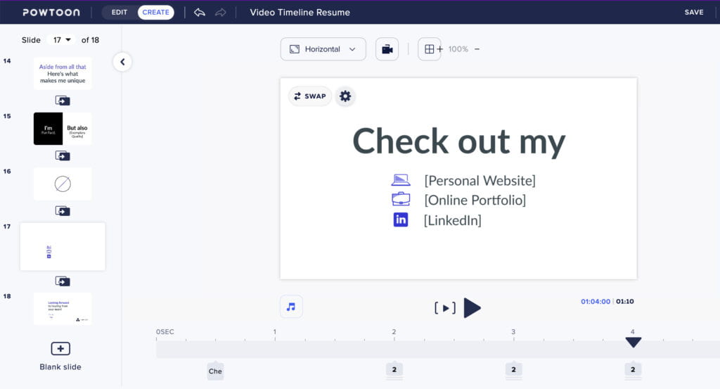 Screenshot of the Video Timeline Resume PowToon template.