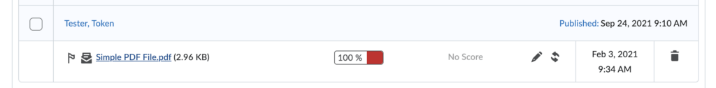 Screenshot of the Brightspace Assignments submission page with an assignment has has received a Turnitin Score of 100%. 