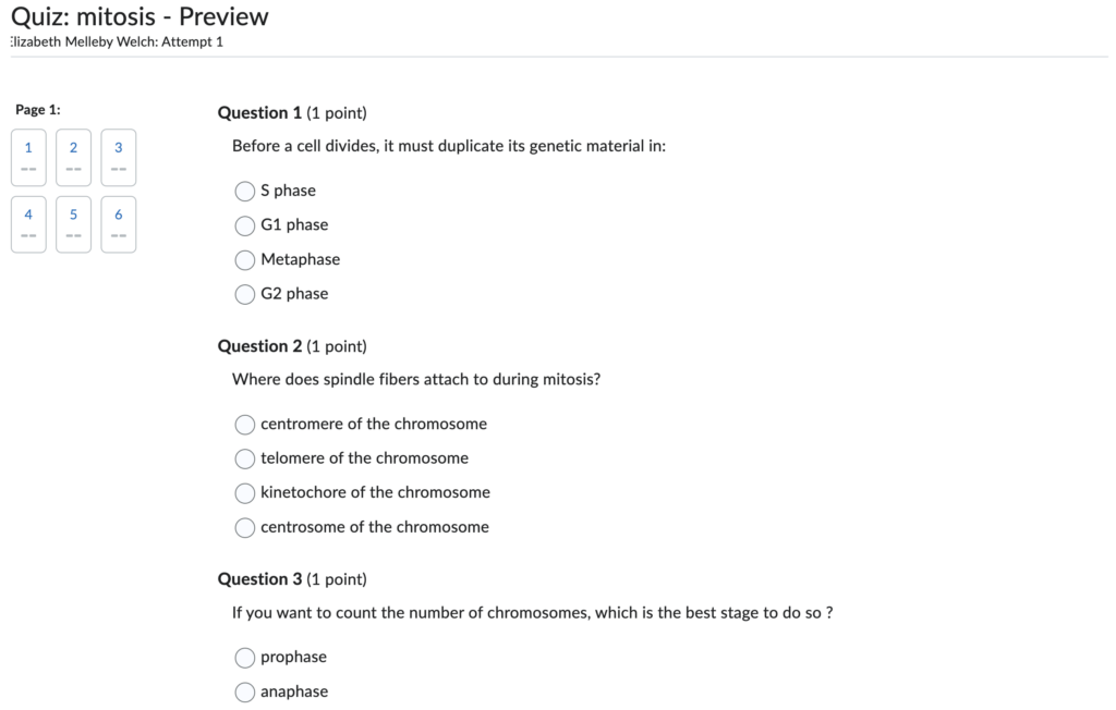 Screenshot of a quiz on mitosis in the Brightspace Quizzes tool