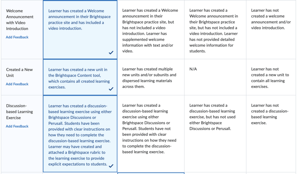 Screenshot of a Brightspace Rubric that has been completed by the instructor