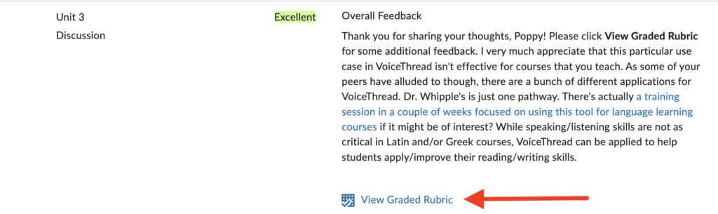 Student view of their grade with their overall feedback and link to the completed rubric