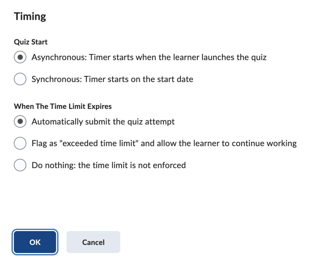 Image shows the timing options for a quiz in Brightspace Quizzes.