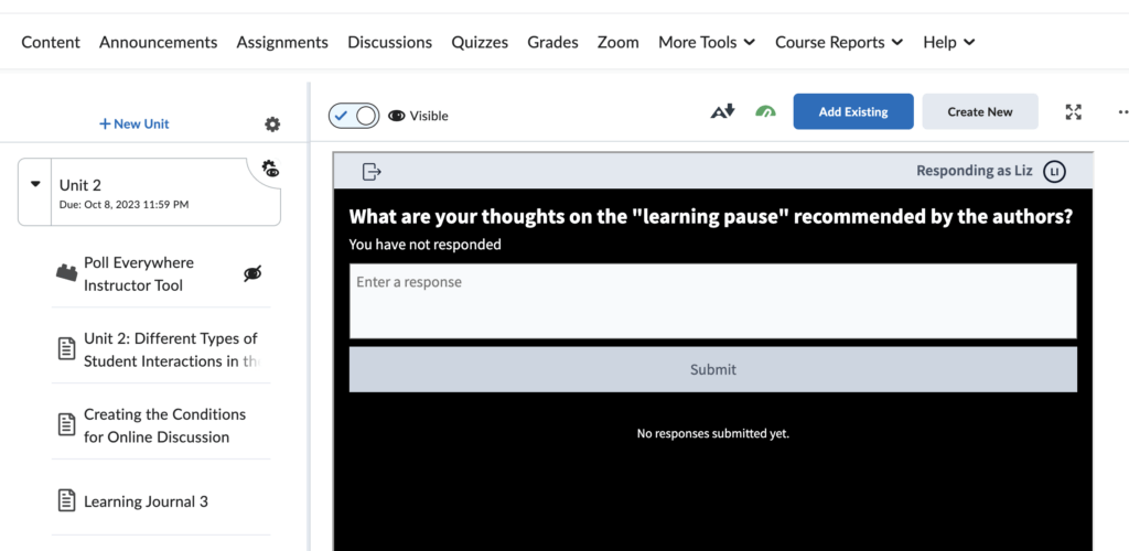 Poll Everywhere activity embedded in the Brightspace Content tool