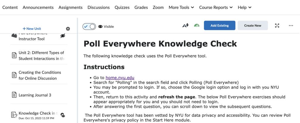 Screenshot of step by step instructions guiding students on how they can access and engage with the embedded Poll Everywhere activities.